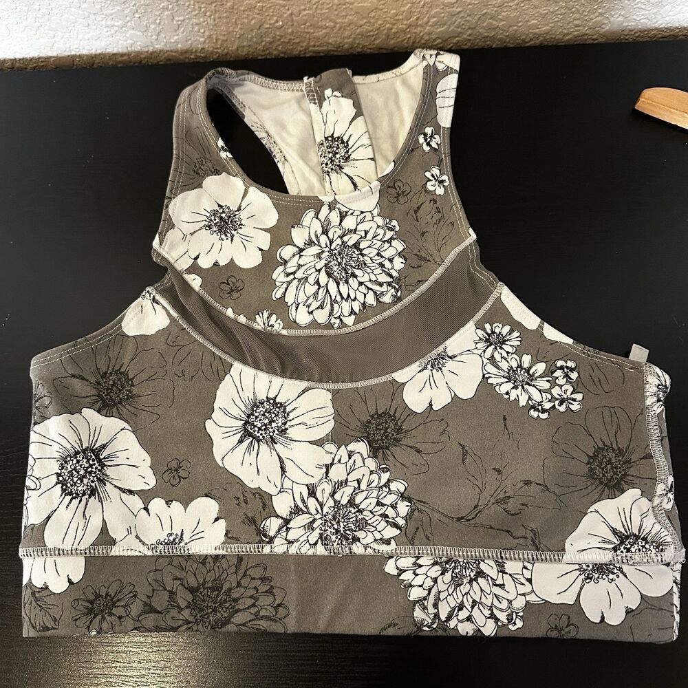 Mono B Zip Back Sports‎ Bra Grey-brown White Floral Medium Women’s Racerback